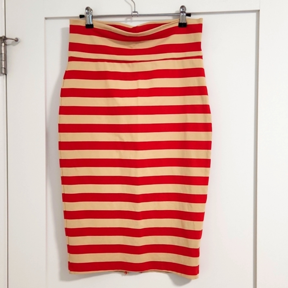 Bebe Red & Tan Stripe Pencil Skirt